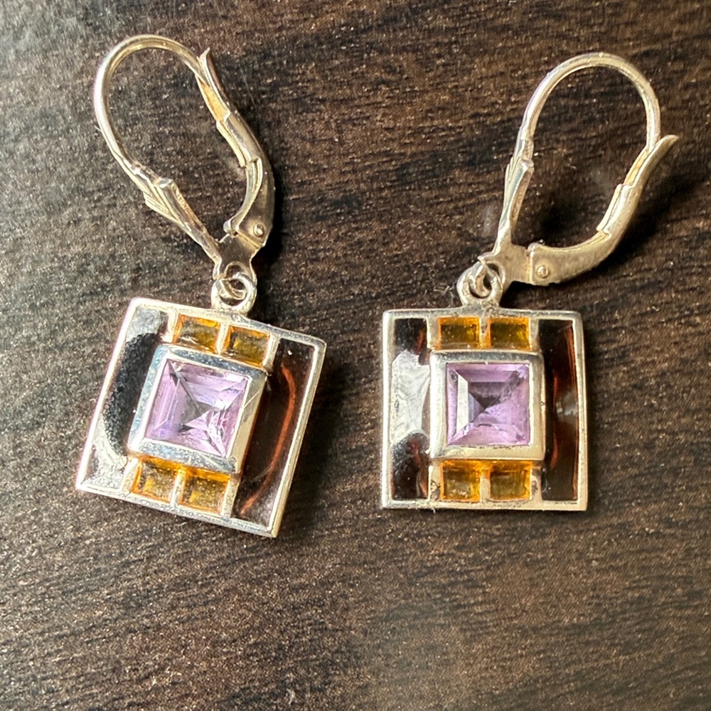925 Sterling Silver Purple (Amethyst?) and Amber Color Earrings